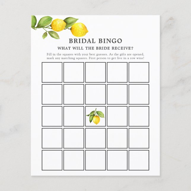 Tarjeta de juego de Bingo Bridal de Squeeze Lemons (Anverso)