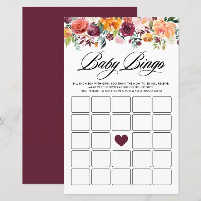 Tarjeta de juego de bingo de Baby Shower Blooms de (Anverso / Reverso)