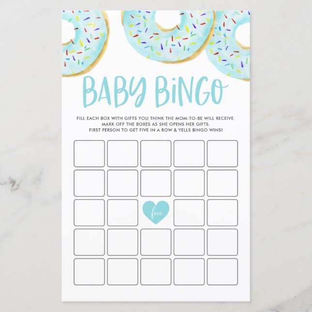 Tarjeta de juego de bingo de Baby Shower Donuts az (Anverso)