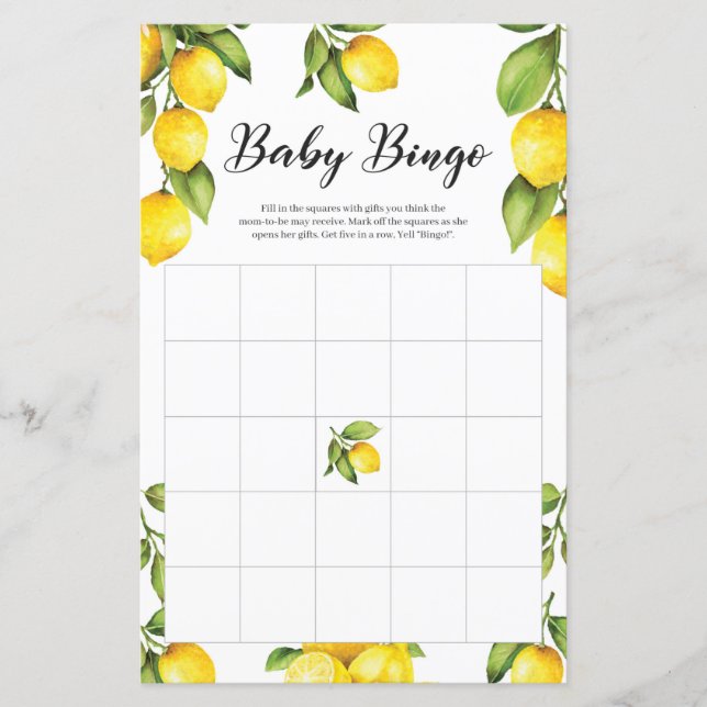 Tarjeta de juego de bingo de Citrus Lemons Baby Sh (Anverso)