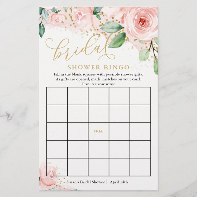 Tarjeta de juego de bingo de novia floral rosa y d (Anverso)