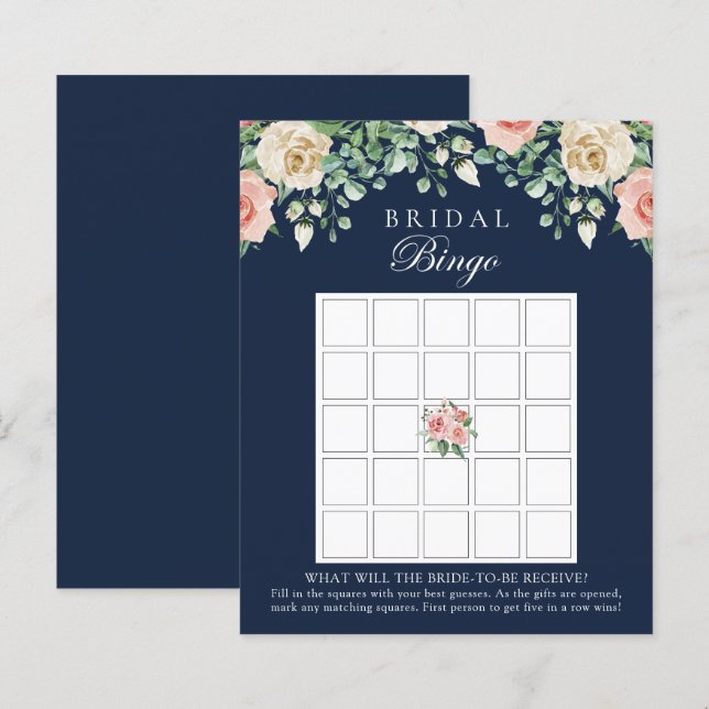 Tarjeta de juego de Bingo Floral Azul Marina Brida (Anverso / Reverso)
