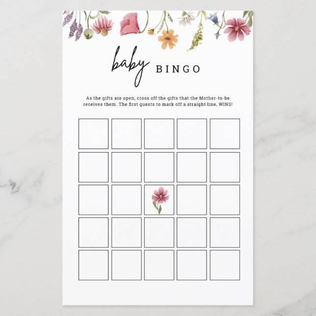 Tarjeta de juego de Bingo Floral Baby Shower Flora (Anverso)