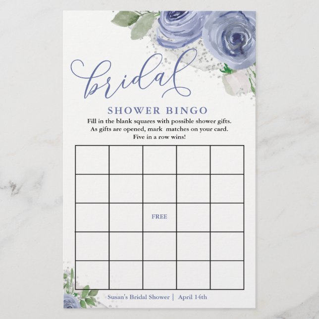 Tarjeta de juego de Bingo Floral Blue & Silver Flo (Anverso)