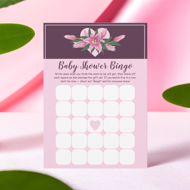 Tarjeta de juego de bingo Lirio Baby Shower Bloomi (Pink Blooming Lily Baby Shower Bingo Game Card)