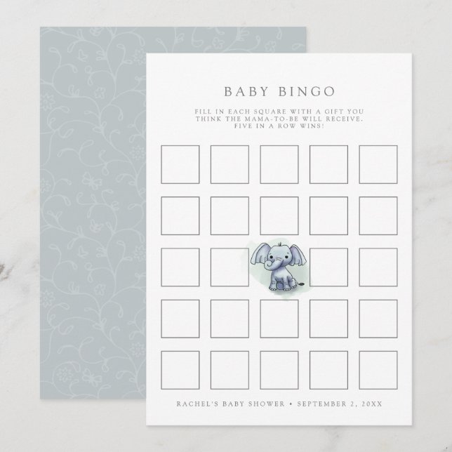 tarjeta de juego de bingo para bebé elefante senta (Anverso / Reverso)