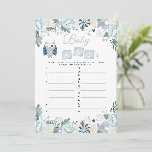 Tarjeta de juego de Blue Owl Floral Baby Shower Ba (Anverso de pie)