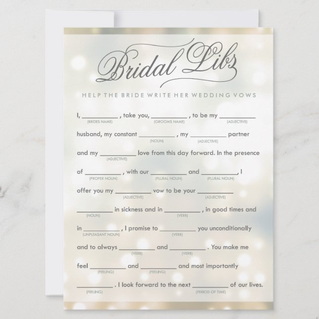 Tarjeta de juego de Bridal Libs para despedida de  (Anverso)