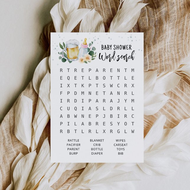 Tarjeta de juego de búsqueda de palabras para baby (Baby Shower Word Search Baby Girl Beer and Floral Sage Green Theme)