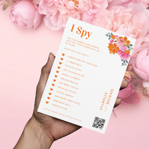 Tarjeta de juego de caza I Spy para boda con flore