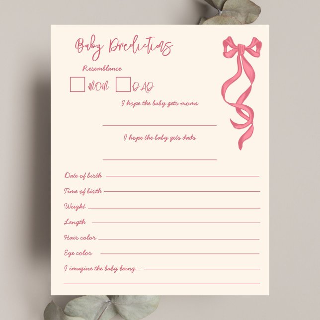 Tarjeta de juego de consejo y predicción de bebé c (Pink ribbon baby prediction and advice game card baby shower games scribble hand drawn vintage bow )