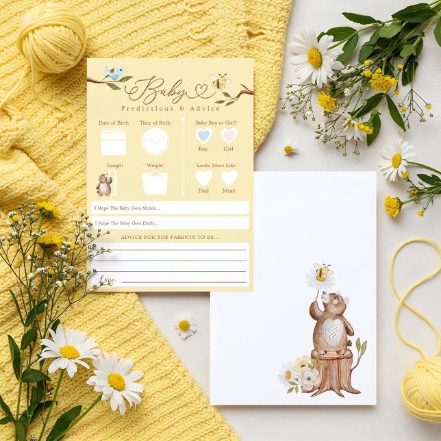 Tarjeta de juego de consejos y predicciones para e (Woodland Bear Baby Predictions & Advice Game Card)