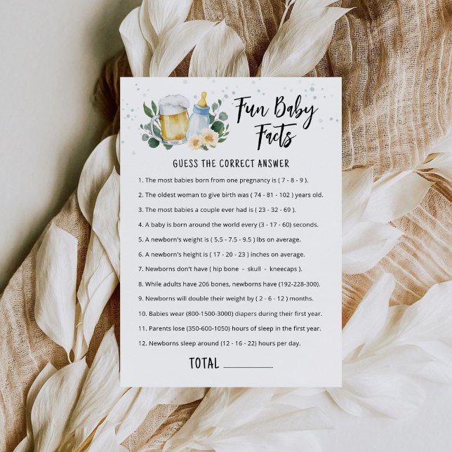 Tarjeta de juego de datos divertidos del bebé - El (Beer and Floral Baby is Brewing Baby Shower Fun Baby Facts Game Card)