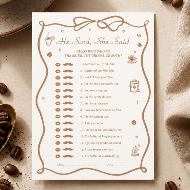 Tarjeta de juego de desayuno de boda con café 'Él  (Subido por el creador)