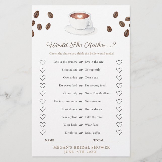 Tarjeta de juego de desayuno de boda '¿Qué preferi (Anverso)