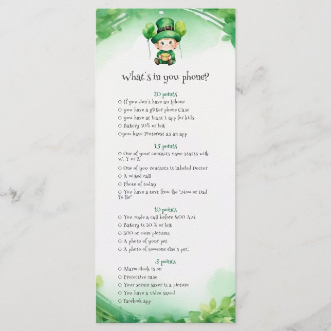 Tarjeta de juego de ducha de bebé de St. Patrick's (Anverso)