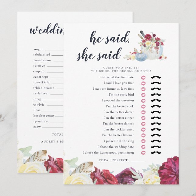 Tarjeta de juego de ducha de novia de dos caras de (Anverso / Reverso)