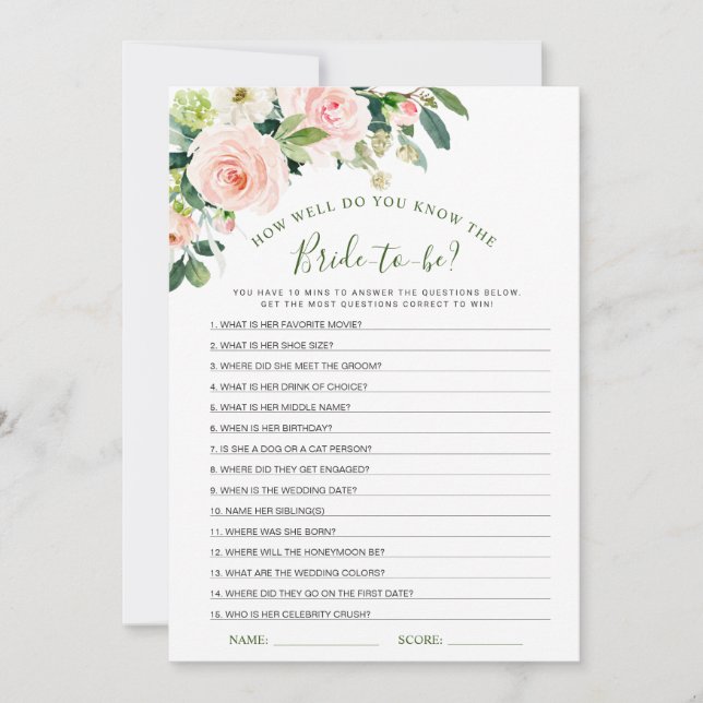 Tarjeta de juego de ducha de novia rosa Rubor Flow (Anverso)