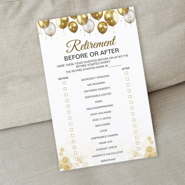 Tarjeta de juego de Fiesta de retiro feliz con glo (Gold Balloon Happy Retirement Party Game Card)