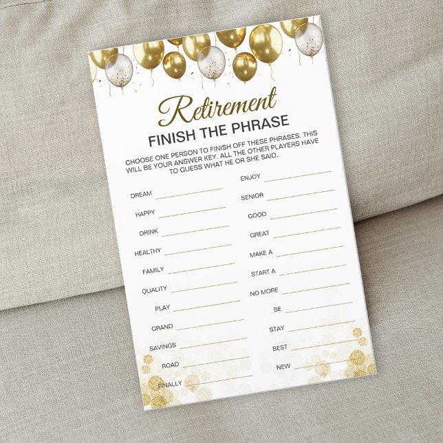 Tarjeta de juego de Fiesta de retiro feliz con glo (Gold Balloon Happy Retirement Party Game Card)