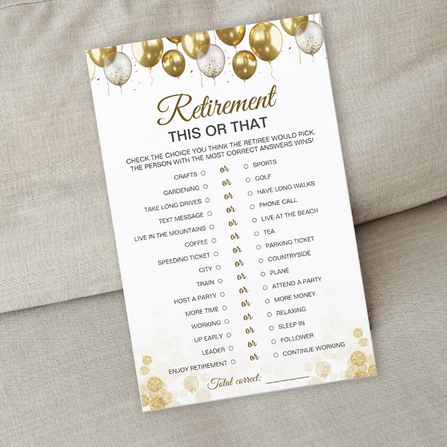 Tarjeta de juego de Fiesta de retiro feliz con glo (Gold Balloon Happy Retirement Party Game Card)