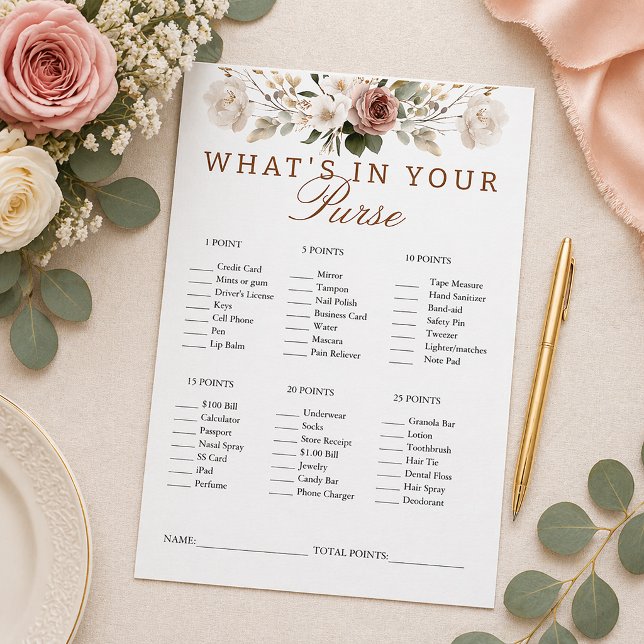 Tarjeta de juego de floral rústico ¿Qué hay en tu  (Fun Bridal Shower Party Game)