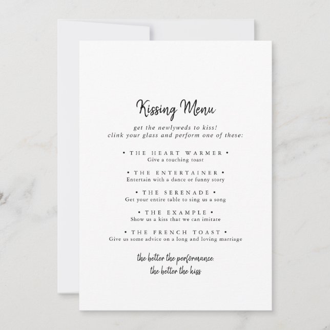 Tarjeta de juego de menú de besado Boda moderno (Anverso)