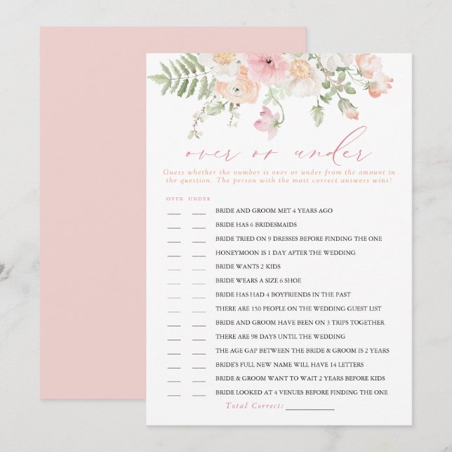 Tarjeta de juego de novias JANE Rubor Floral Over  (Anverso / Reverso)