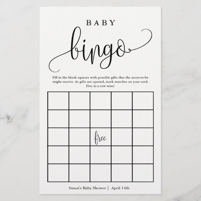 Tarjeta de juego de papel de caligrafía de bingo d (Frente)