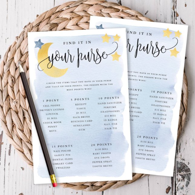 Tarjeta de juego de papel de escavador de la bolso (Over the Moon Themed-Blue, What's in Your Purse Baby Shower Game)