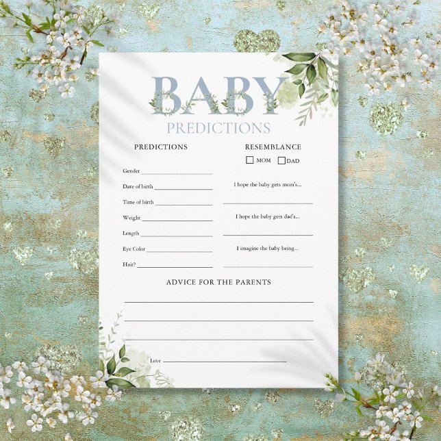 Tarjeta de juego de predicciones para bebé para ba (Baby Predictions Greenery Baby Shower Game Card)