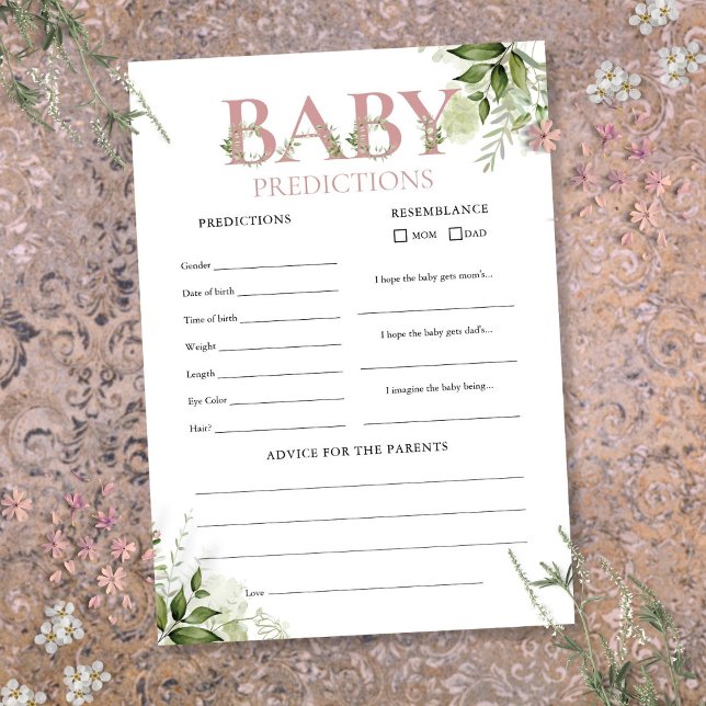 Tarjeta de juego de predicciones para bebé para ba (Baby Predictions Greenery Baby Shower Game Card)