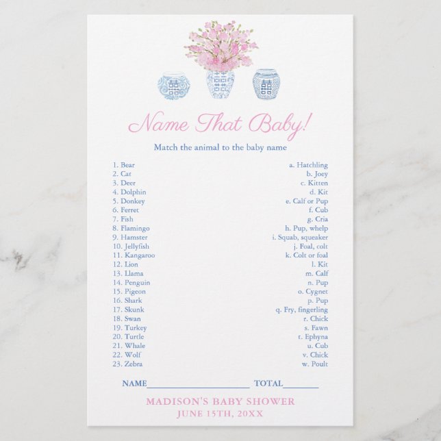 Tarjeta de juego de shower de bebé con nombre de c (Anverso)