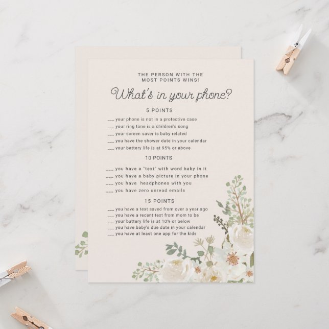 Tarjeta de juego de teléfono Baby Shower Floral de (Anverso/Reverso In Situ)