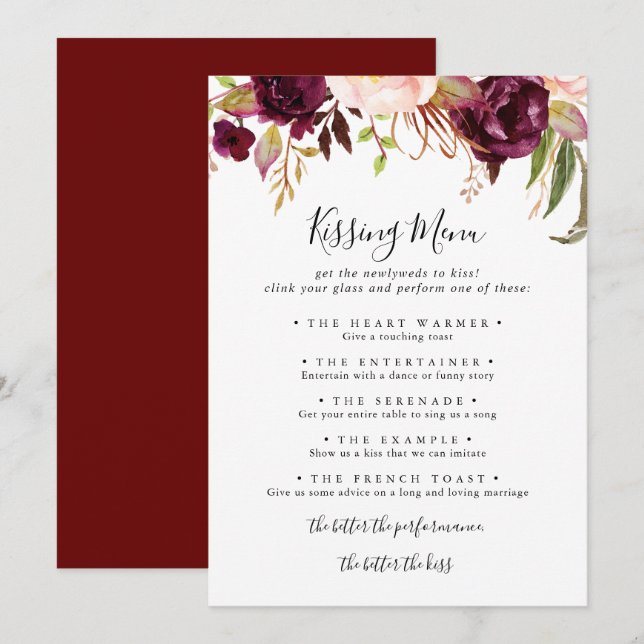 Tarjeta de juego del menú de besos del Boda floral (Anverso / Reverso)