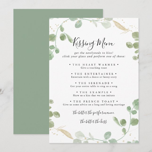 Tarjeta de juego del menú del Boda del eucalipto d (Anverso / Reverso)