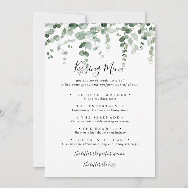 Tarjeta de juego del menú del Boda Eucalyptus Kiss (Anverso)