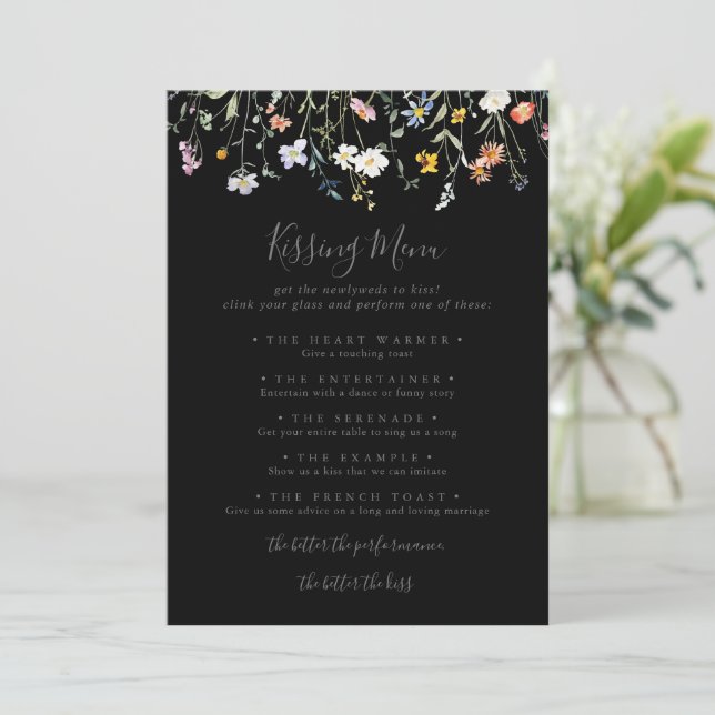 Tarjeta de juego del menú del Boda negro con flore (Anverso de pie)