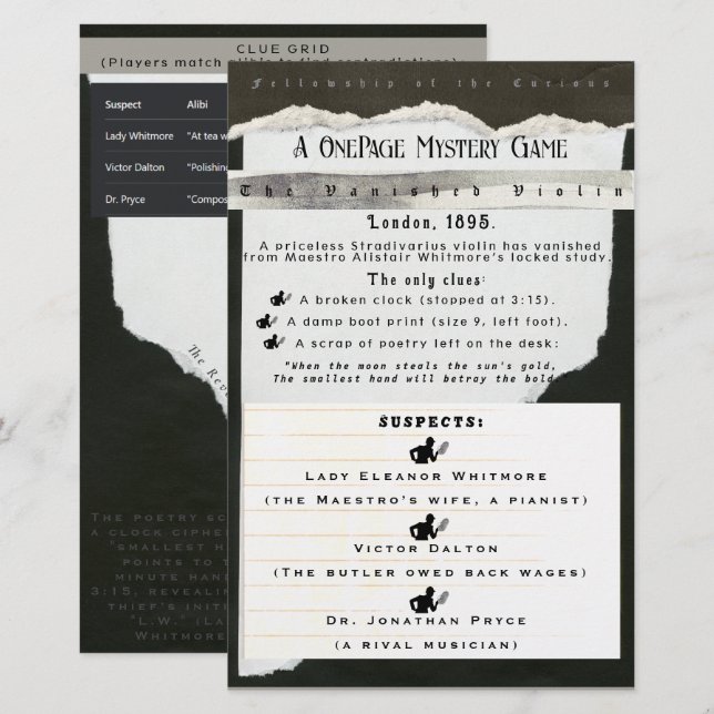 Tarjeta de juego divertida interactiva misterio Fi (Anverso / Reverso)