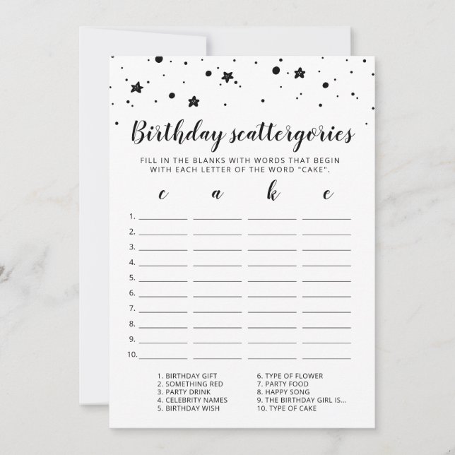 Tarjeta de juego editable Birday Scattergories (Anverso)