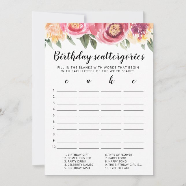 Tarjeta de juego editable Birday Scattergories (Anverso)