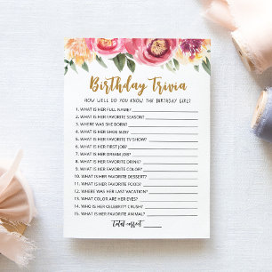Tarjeta de juego editable de trivia de cumpleaños