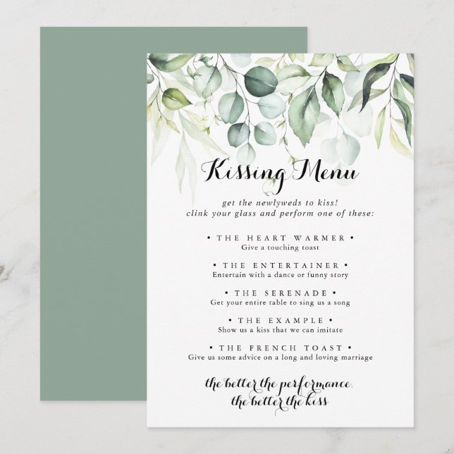 Tarjeta de juego Eucalyptus Greenery Boda Kissing  (Anverso / Reverso)
