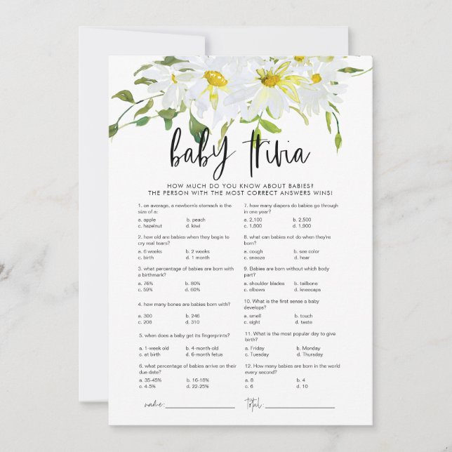 Tarjeta de juego floral Baby Trivia Daisy Baby Sho (Anverso)