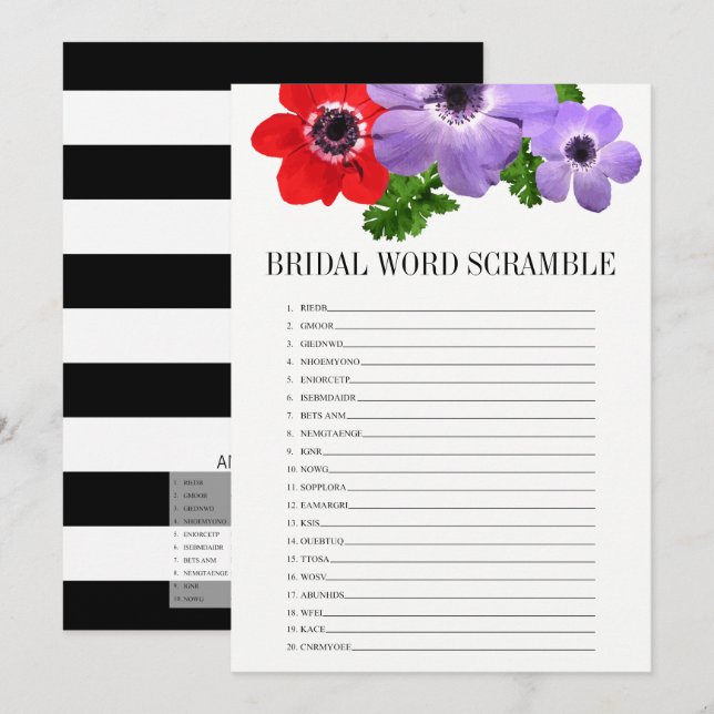 Tarjeta de juego Floral Bridal Shower Word Scrambl (Anverso / Reverso)