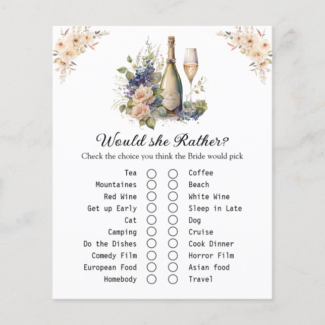 Tarjeta de juego Floral Champagne Bridal Shower (Anverso)