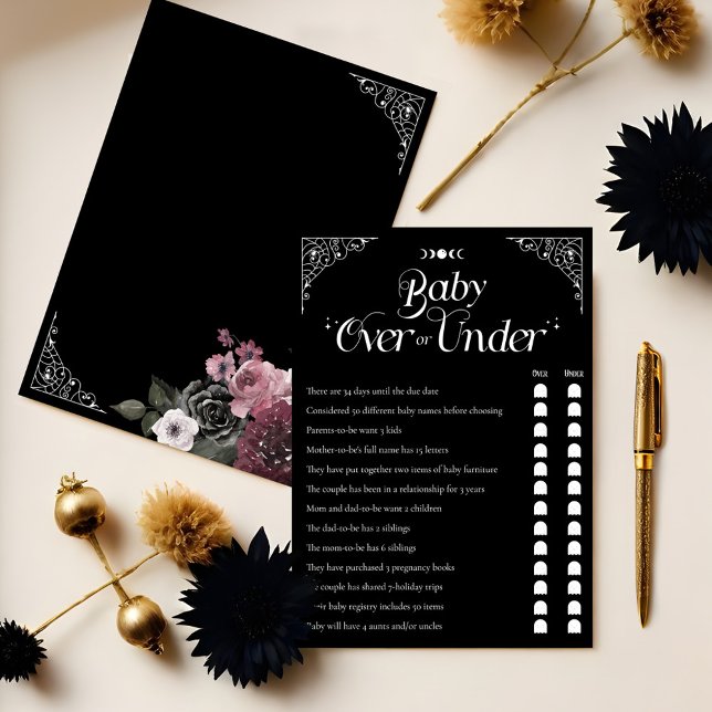 Tarjeta de juego floral gótica para Baby Shower (Over or Under Gothic Floral Baby Shower Game Card)