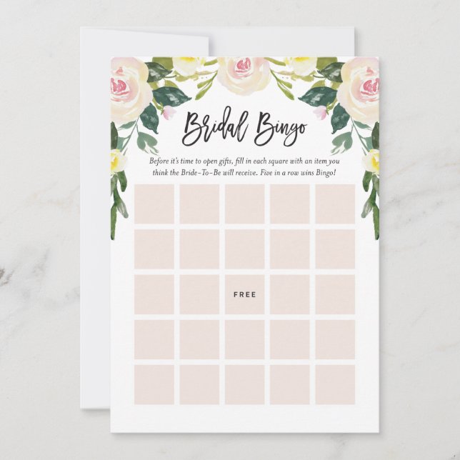 Tarjeta de juego Floral Rubor Bridal Shower Bingo (Anverso)