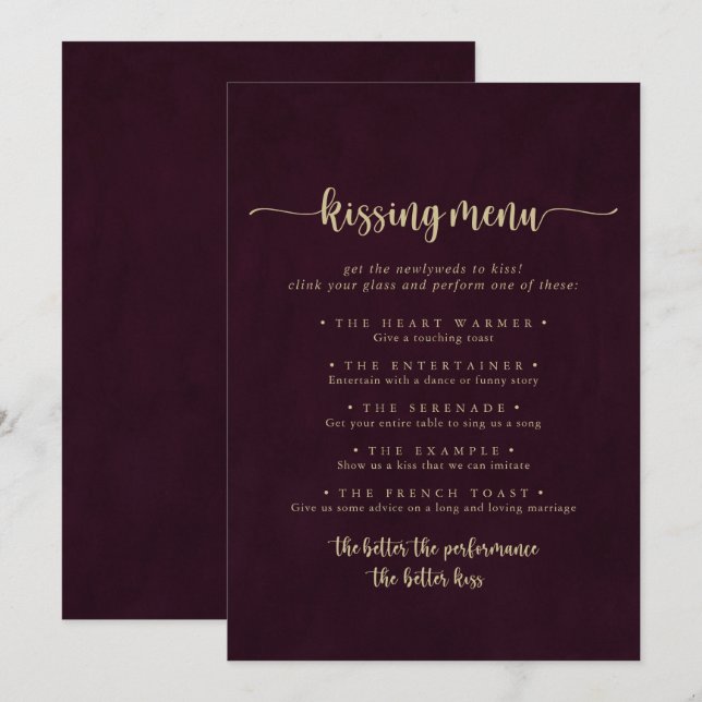 Tarjeta de juego Gold Burgundy Boda Kissing Menu (Anverso / Reverso)
