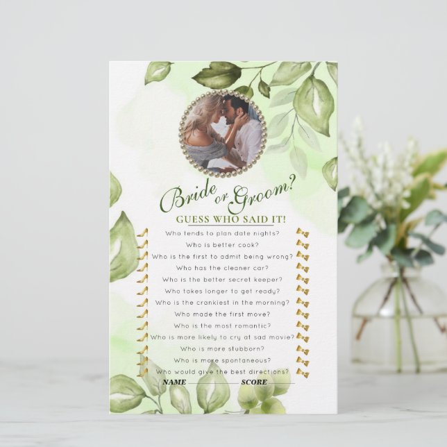 Tarjeta de juego Greenery Bridal Ducha (Anverso de pie)